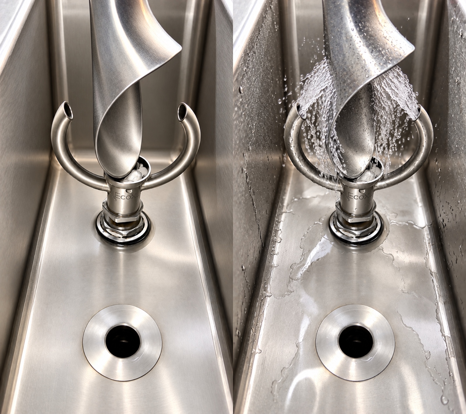 ECOX Wash commercial foodservice scoop rinsing system showing water flow and drainage